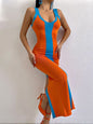 Contrast Wide Strap Slit Midi Dress Orange S
