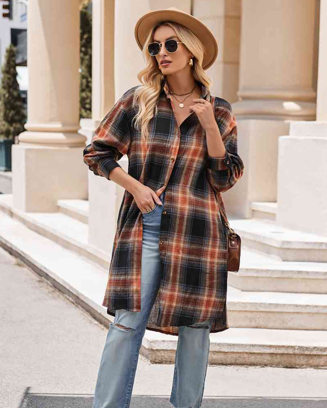 Plaid Collared Neck Long Sleeve Coat   