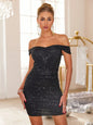 Glitter Ruched Off-Shoulder Mini Dress Black L