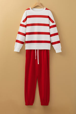 Red Stripe Drop Shoulder Pullover and Jogger Pants Set Red Stripe S 100%Polyester