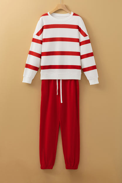Red Stripe Drop Shoulder Pullover and Jogger Pants Set Red Stripe S 100%Polyester