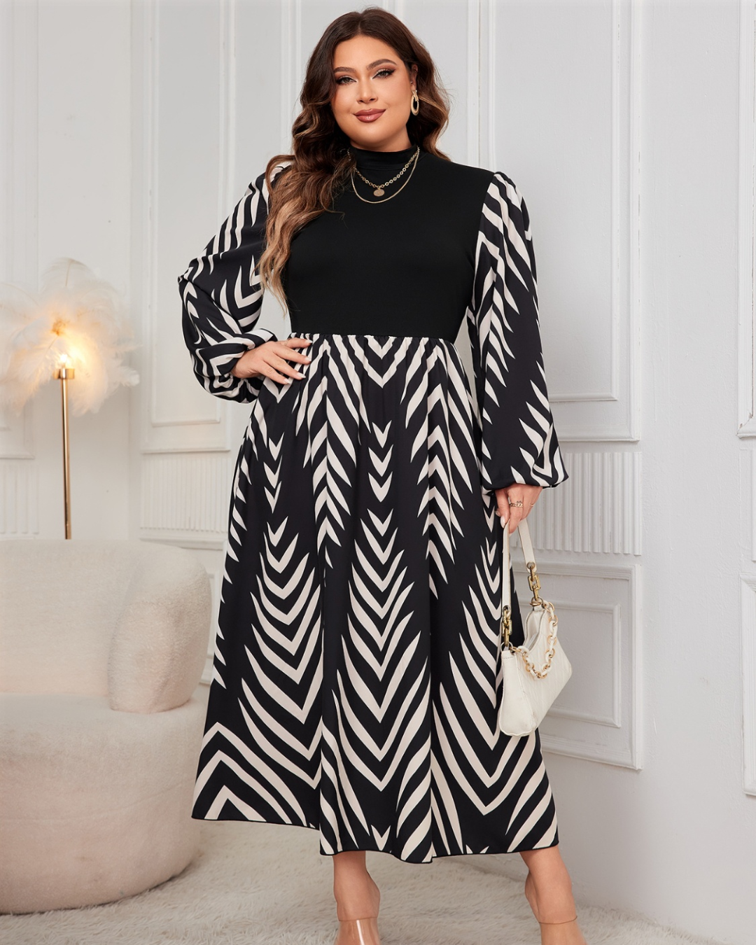 Plus Size Printed Mock Neck Midi Dress   