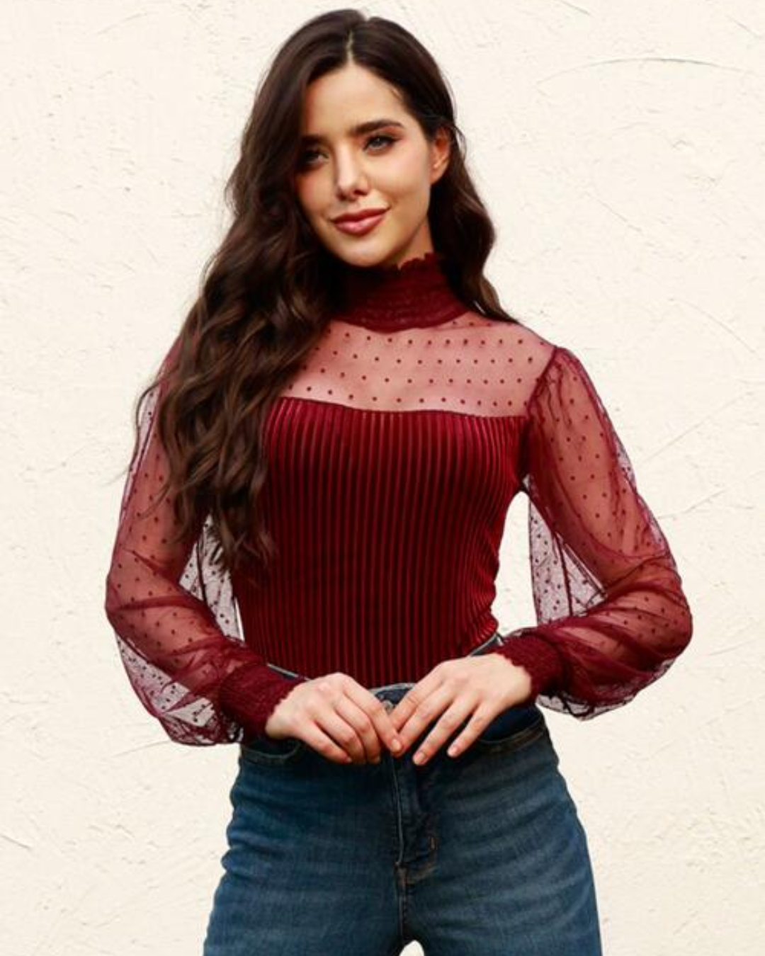 Mesh Long Sleeve Velvet Bodysuit Wine S 