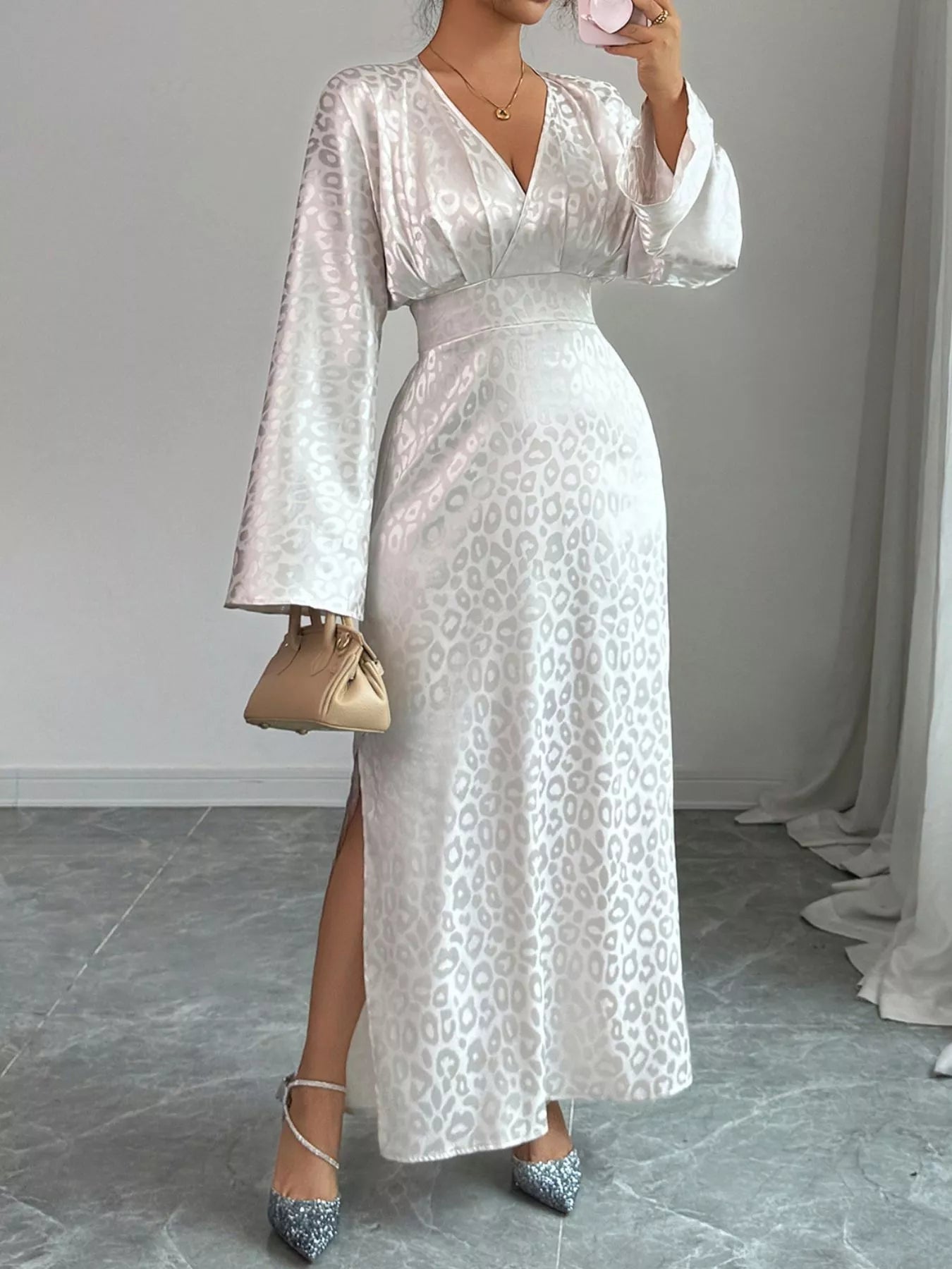 Leopard Surplice Long Sleeve Maxi Dress