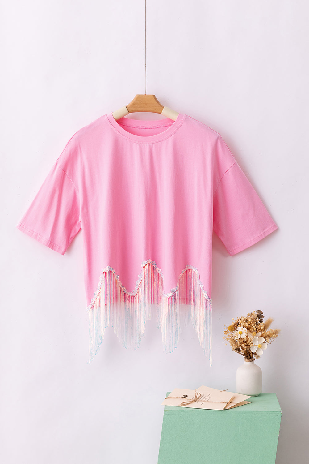 Pink Fringed Sequin Crop T-shirt   