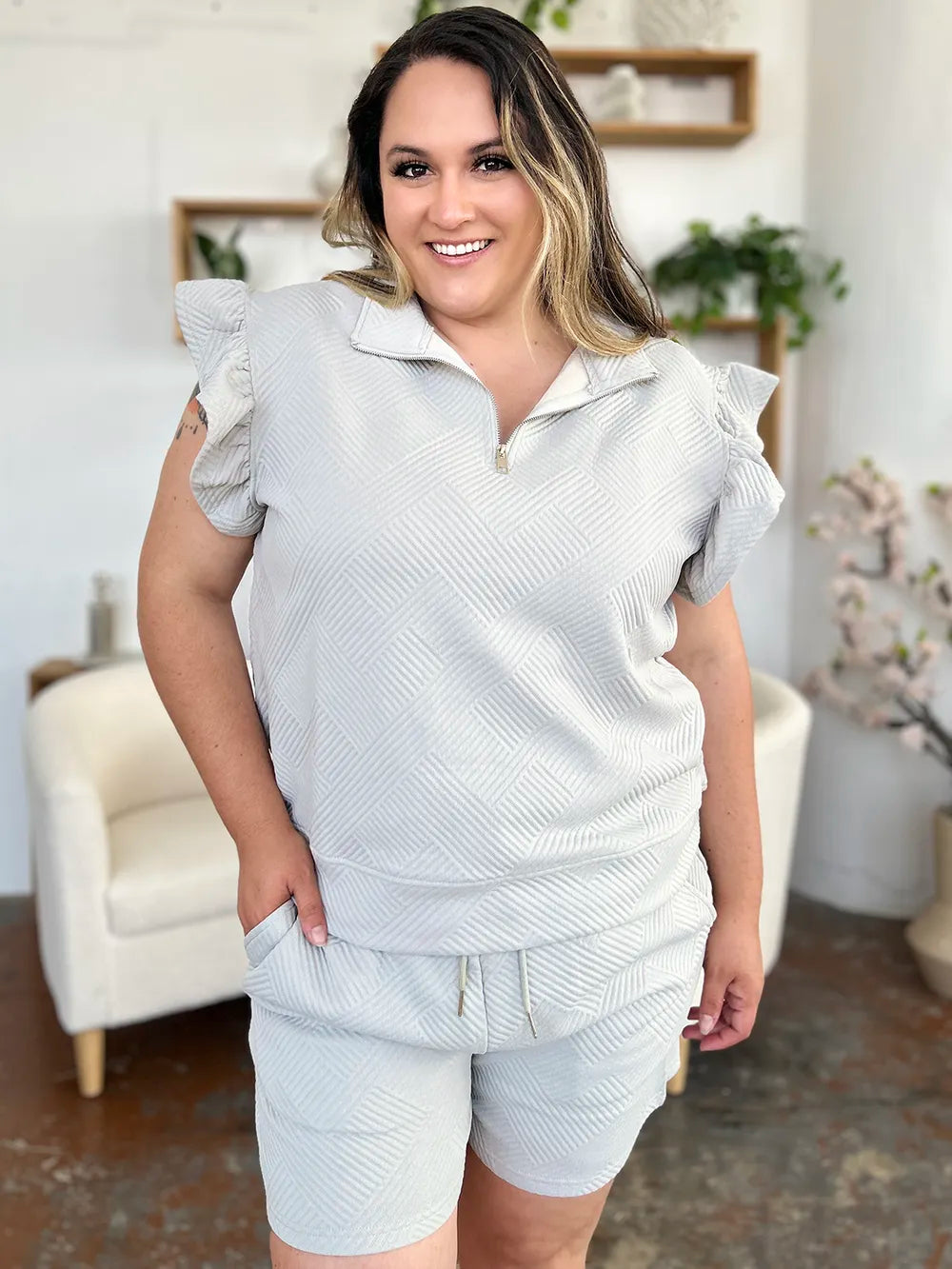 Texture Flounce Sleeve Top and Drawstring Shorts