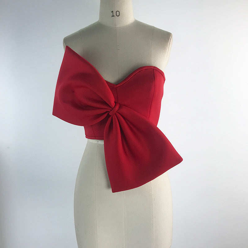 3D Bowknot Sexy Bow Wrapped Chest Strapless Short Shirt S Red