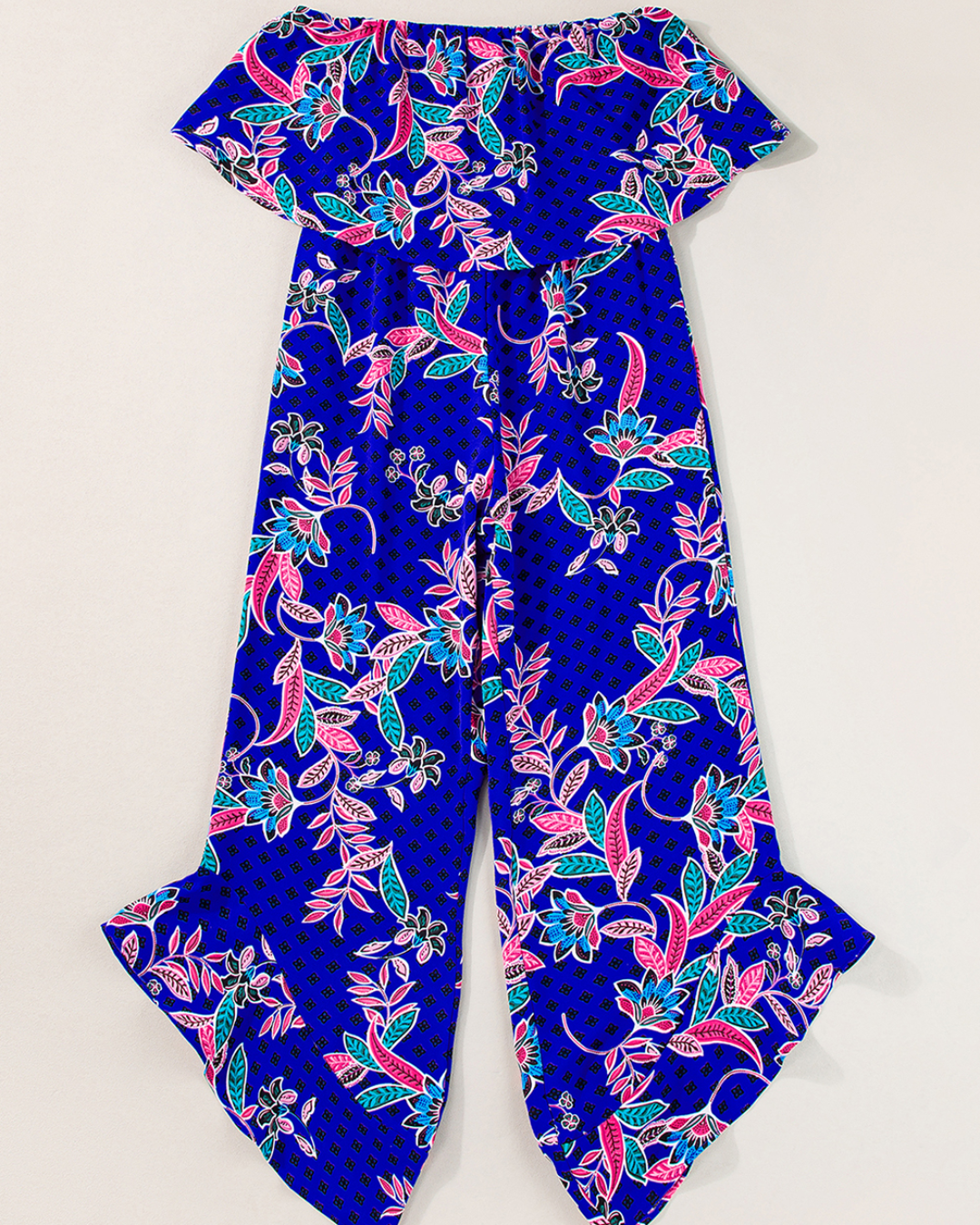 Blue Tropical Print Ruffled Jumpsuit   