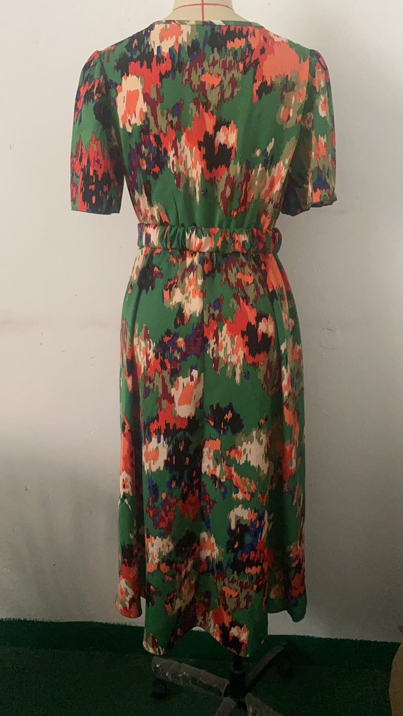 Chest Buckle High Waist Slim Pleated Printing Slip Dress Women