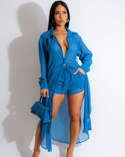 Solid Chiffon Two Piece Set S Blue 