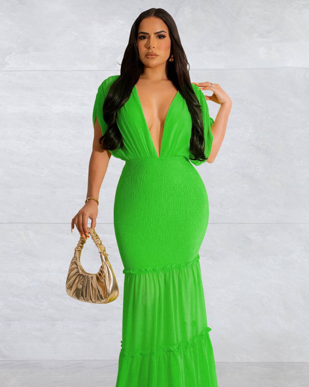 Pleated V Neck Sleeveless Dress S Green 