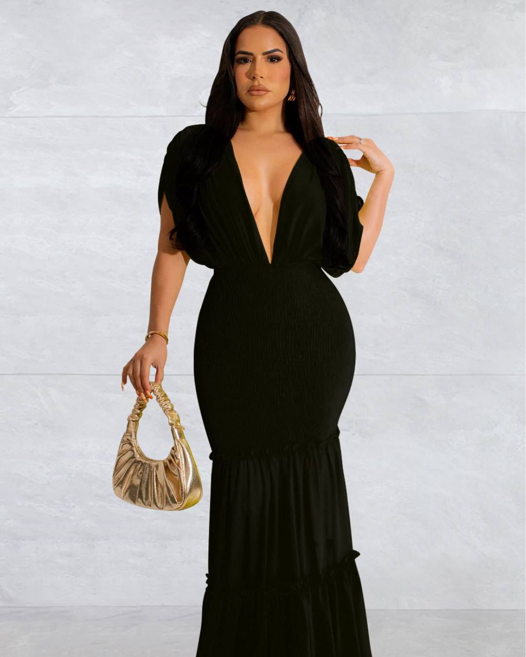 Pleated V Neck Sleeveless Dress M Black