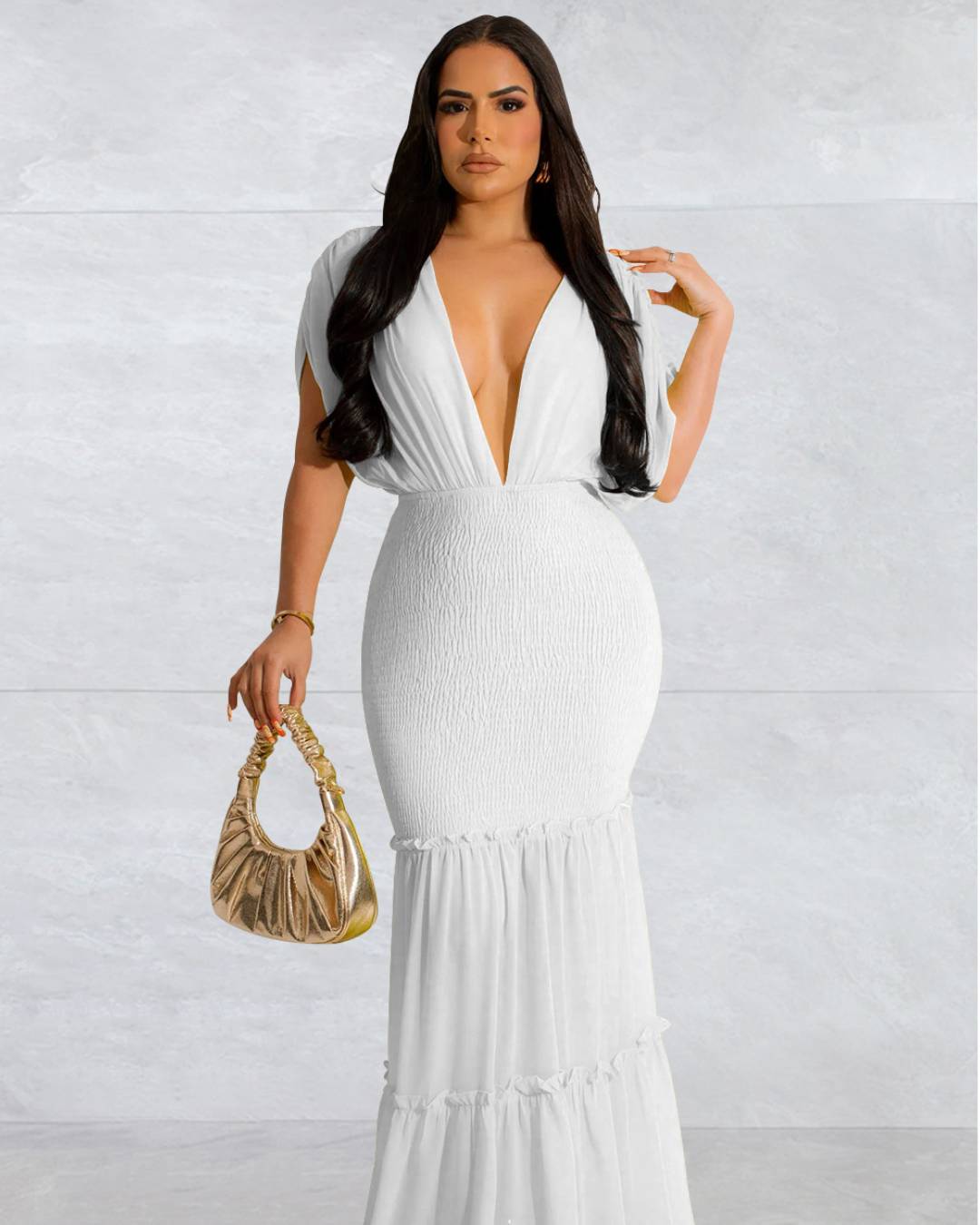 Pleated V Neck Sleeveless Dress S White 