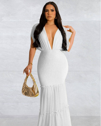 Pleated V Neck Sleeveless Dress S White 