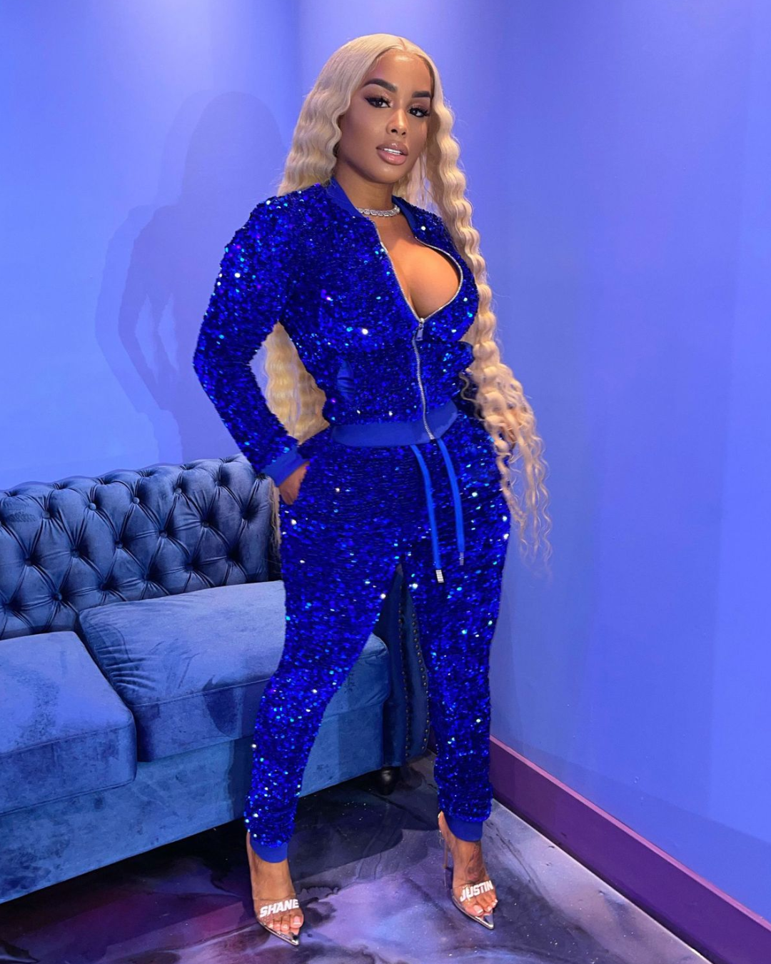 Velvet Embedded Sequin Suit S Blue 