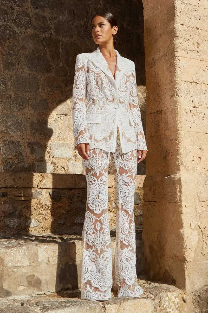 Mesh Heavy Embroidery Sequined Blazer Trousers Suit Two Piece Set S White