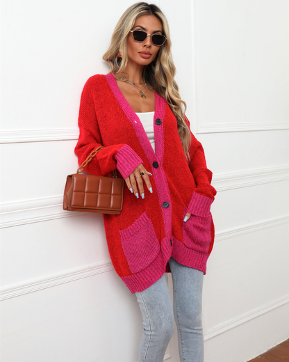 Stitching Red Cardigan Top   
