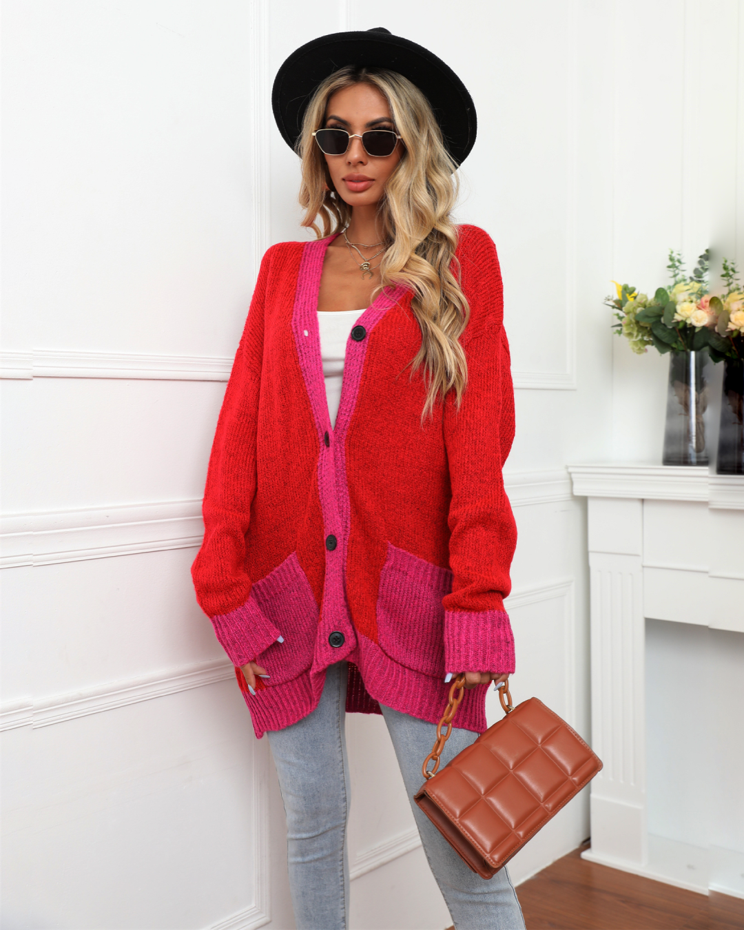 Stitching Red Cardigan Top Red S 