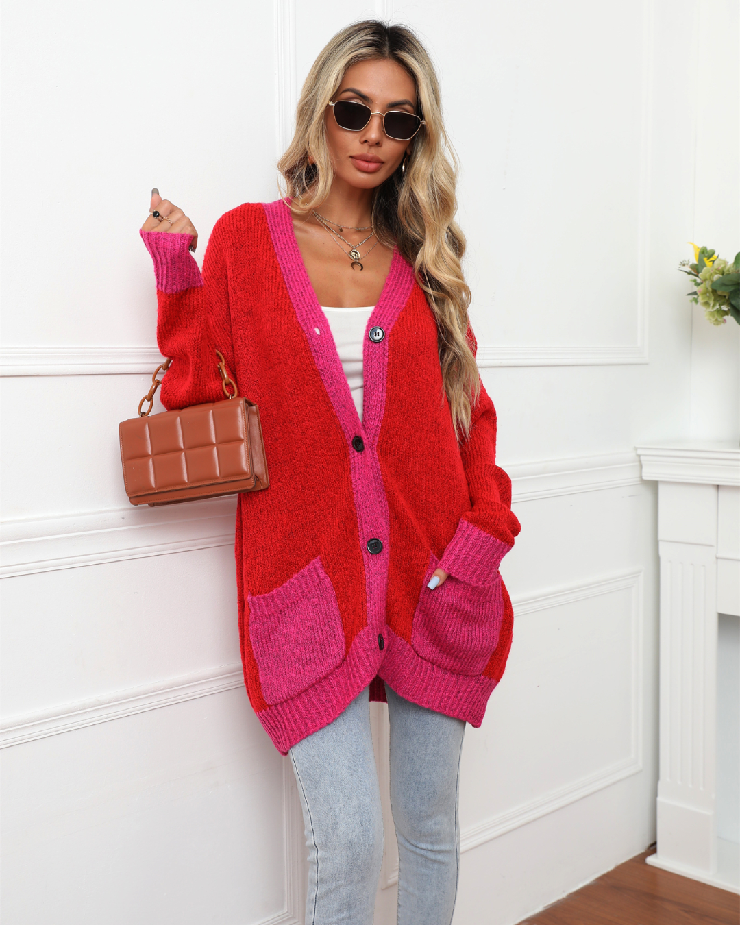 Stitching Red Cardigan Top   