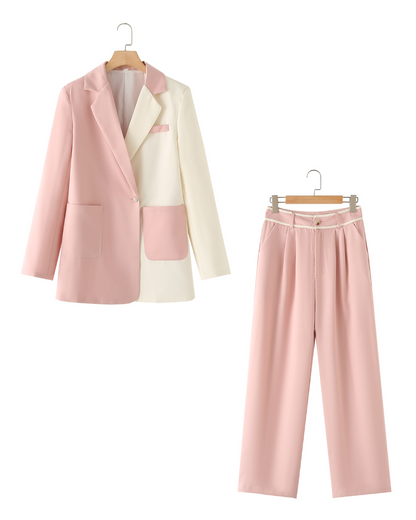 Contrast Color Blazer and High Waist Pant Set Pink S 