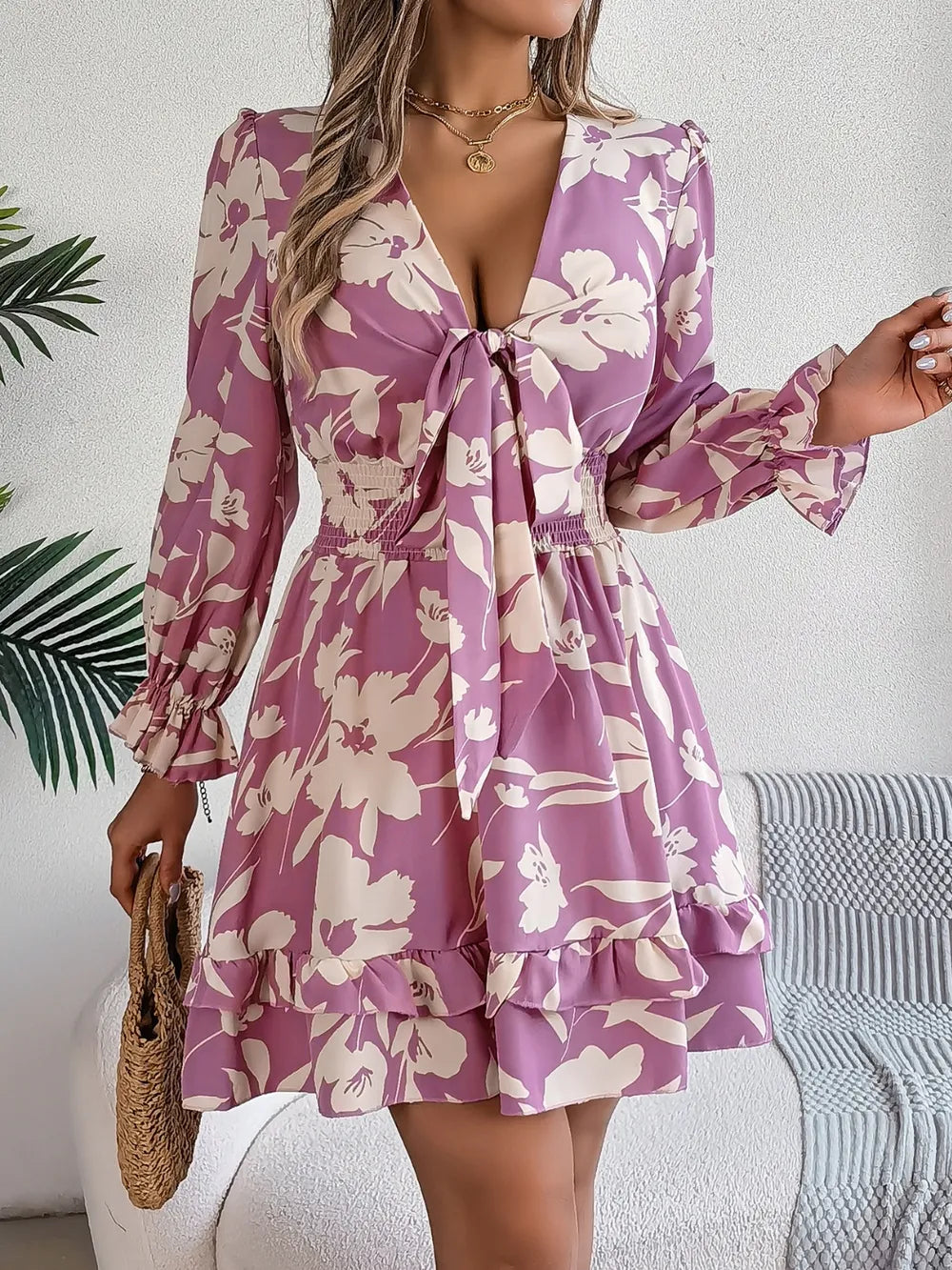 Tied Ruffled Printed Long Sleeve Dress Lilac S