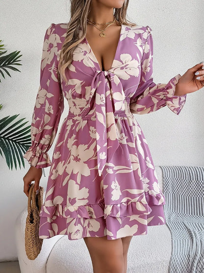 Tied Ruffled Printed Long Sleeve Dress Lilac S