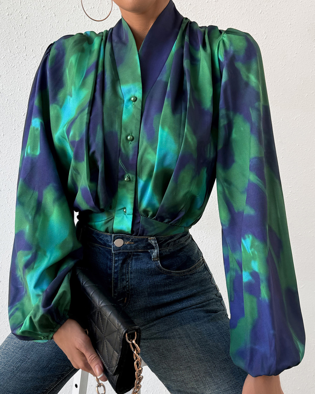 Tie-Dye Button Up Balloon Sleeve Blouse   