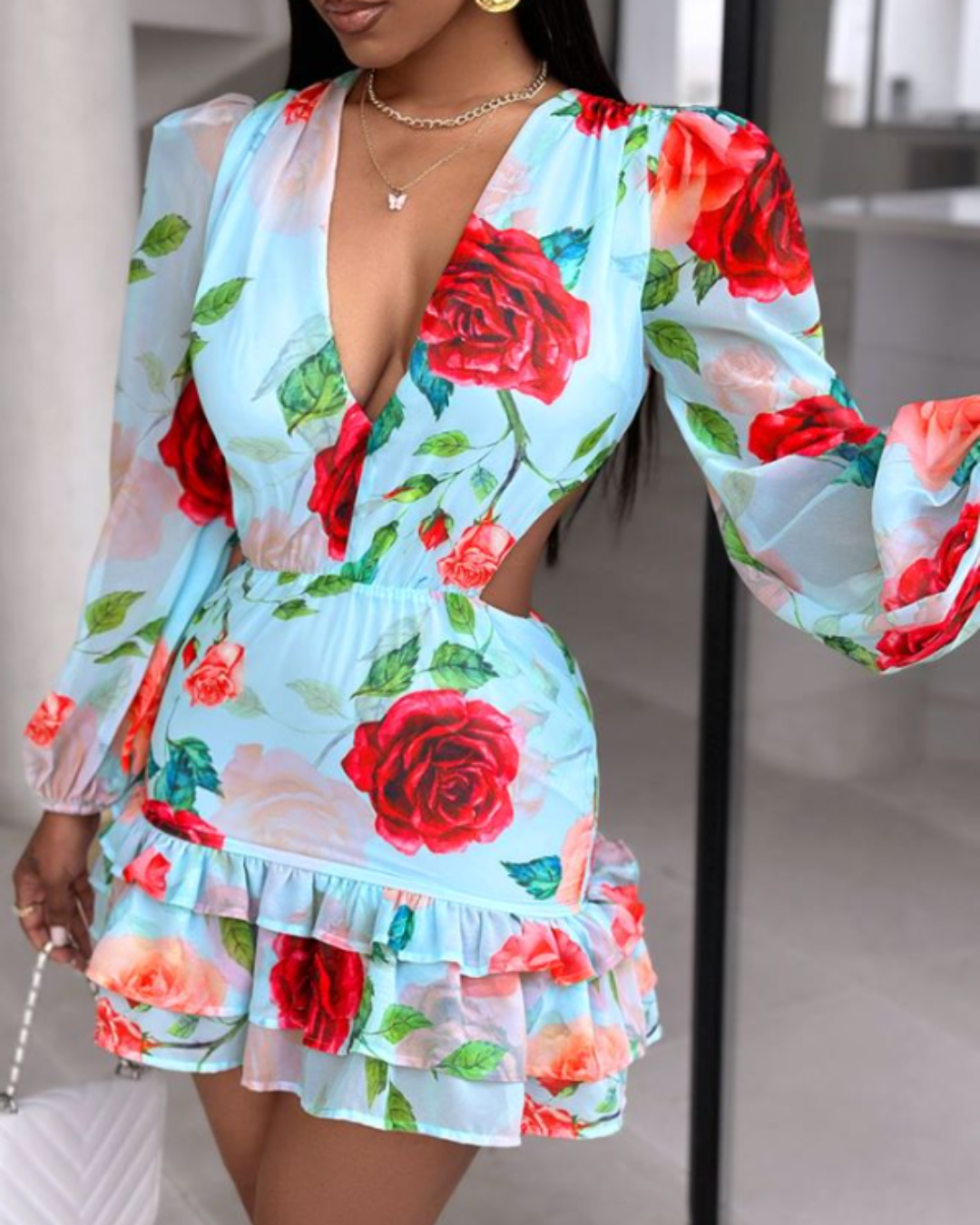 V neck Hollow Out Printed Dress   