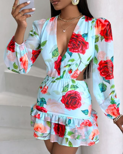 V neck Hollow Out Printed Dress   