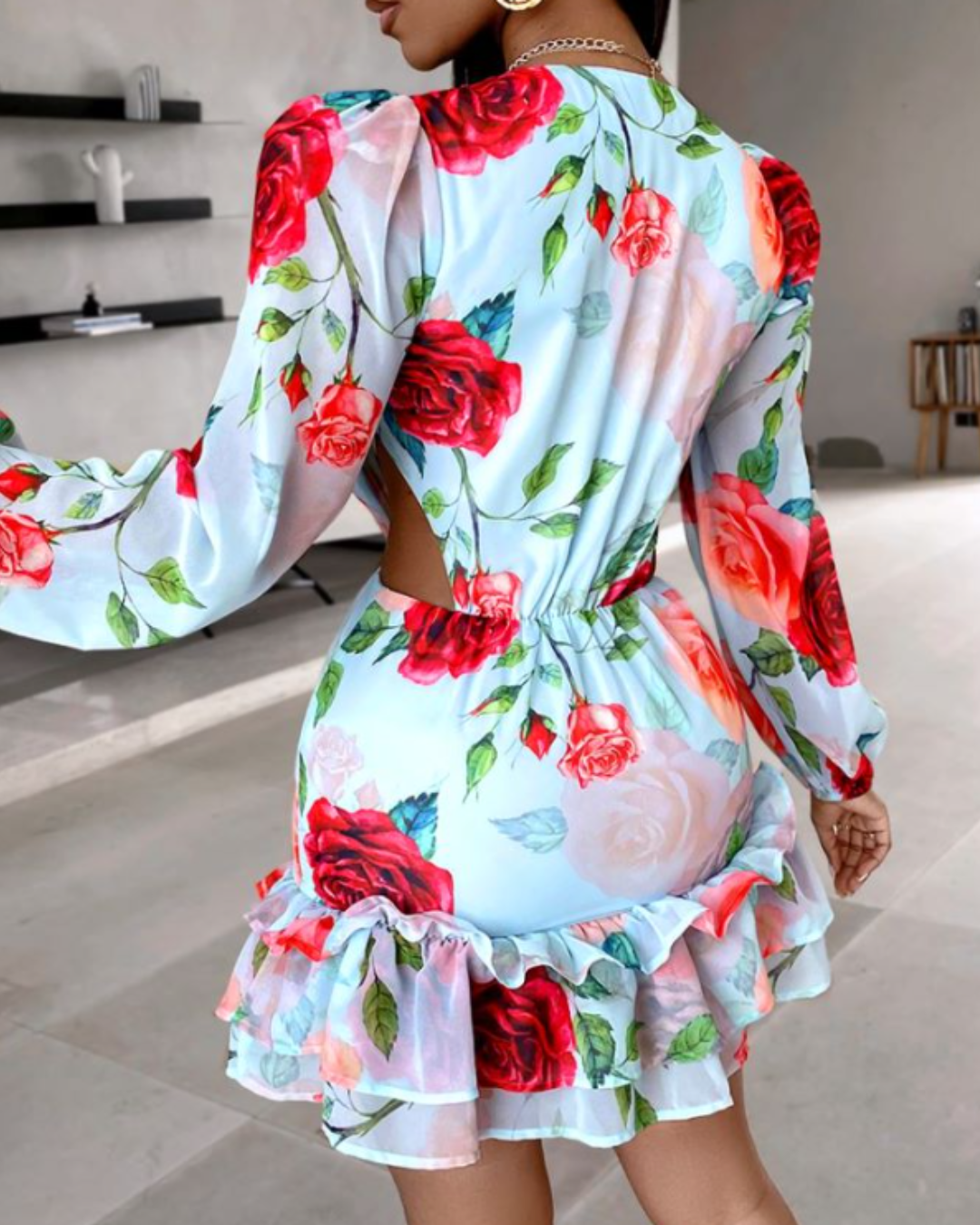 V neck Hollow Out Printed Dress   