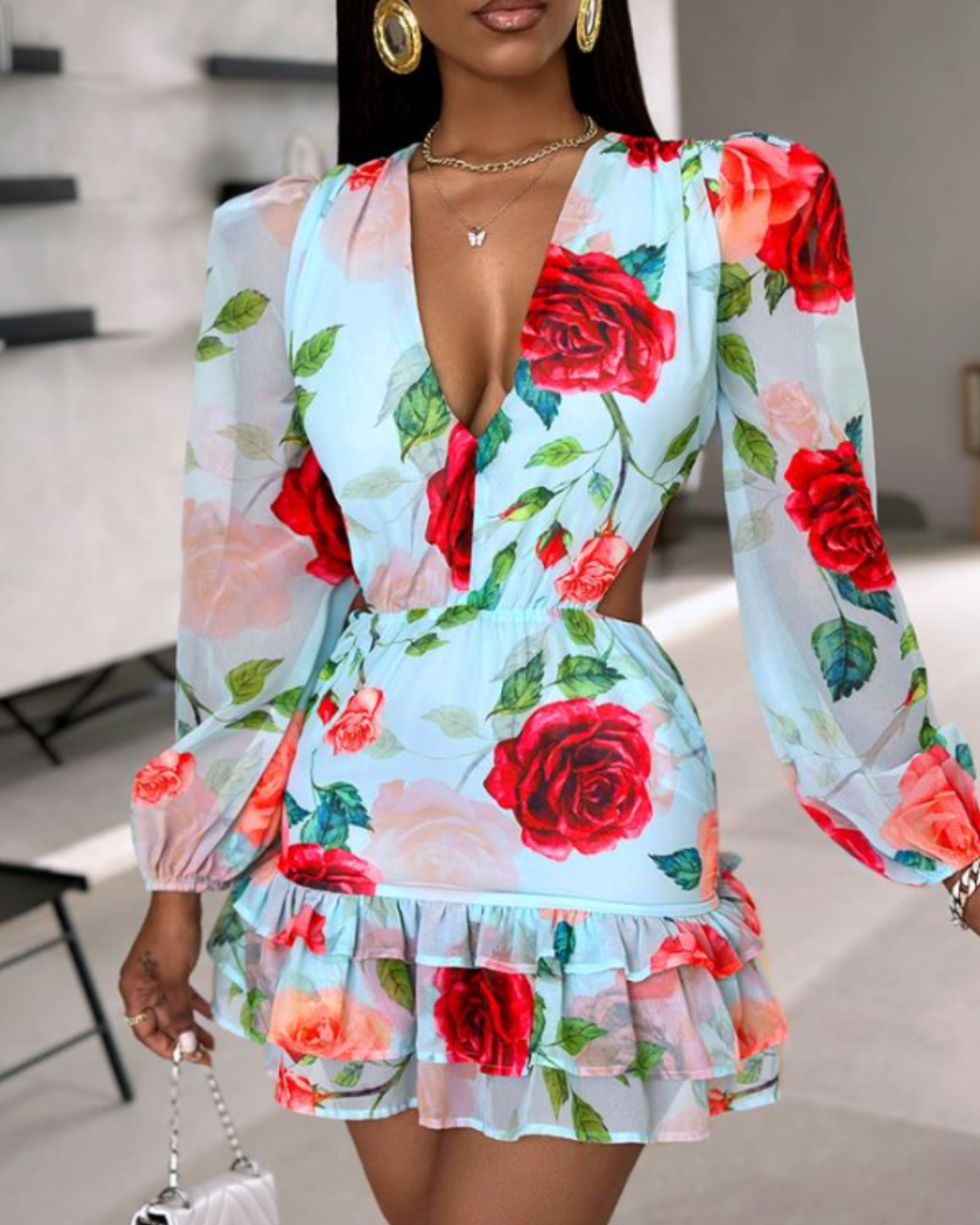 V neck Hollow Out Printed Dress S Blue 