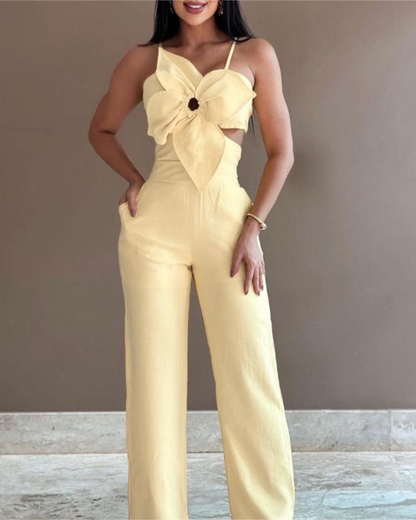 White Floral Craft Trousers S Yellow 