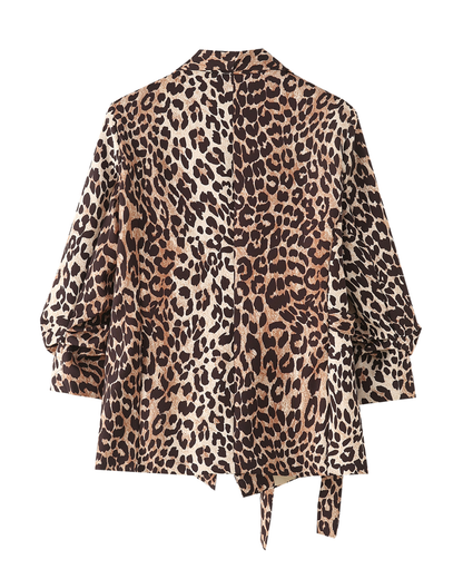 Leopard Cuff Pleated Long Sleeved Blazer   