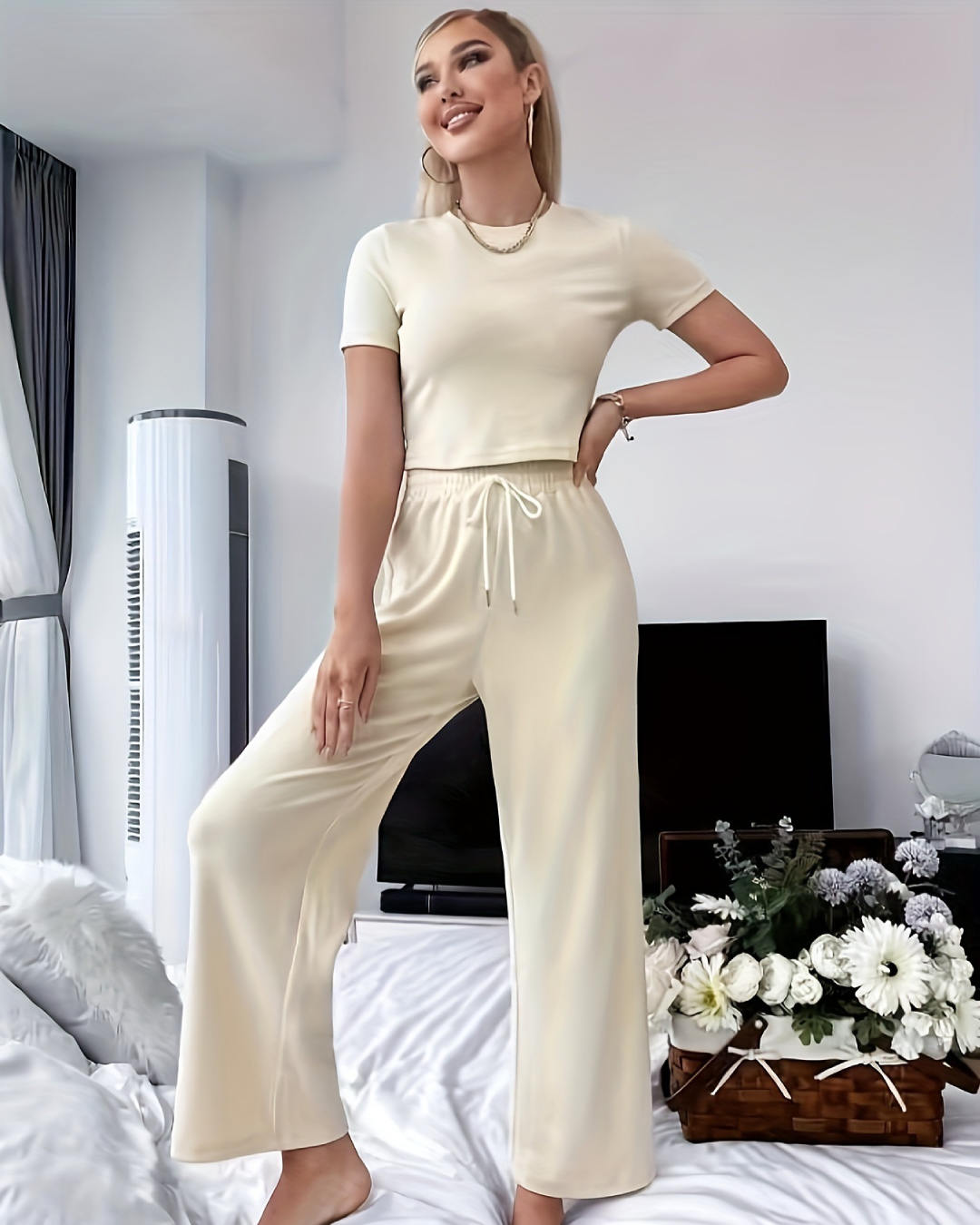 Elastic Waist Straight Wide Leg Pants   