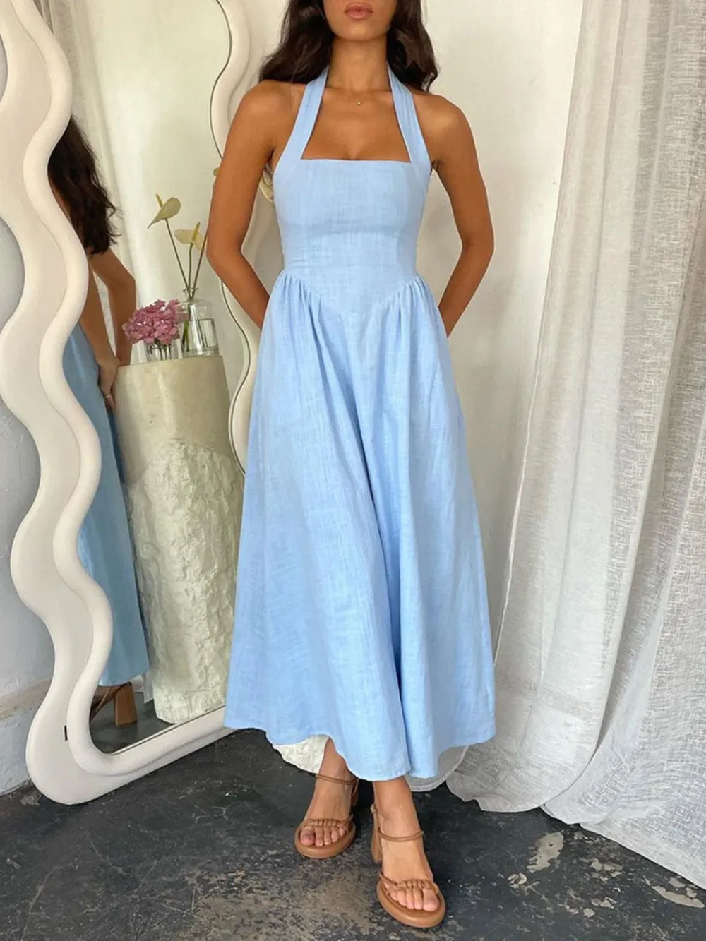 Devine Ruched Halter Neck Midi Dress Light Blue S