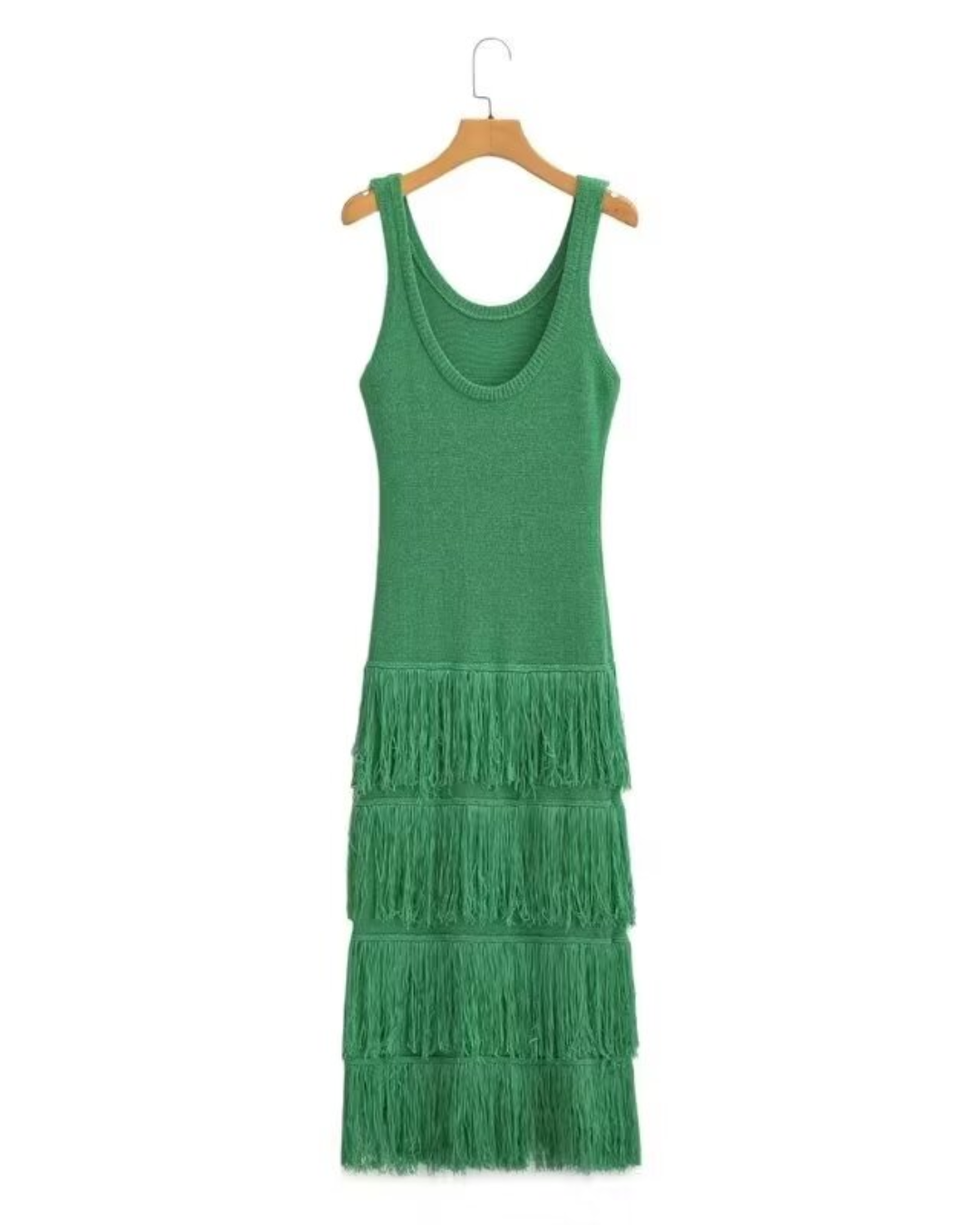 Tassel Detail Knitted Long Dress Green S 