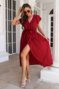 Ruffled Surplice Tie Waist Slit Midi Dress Burgundy L