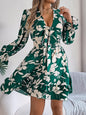 Tied Ruffled Printed Long Sleeve Dress Dark Green S