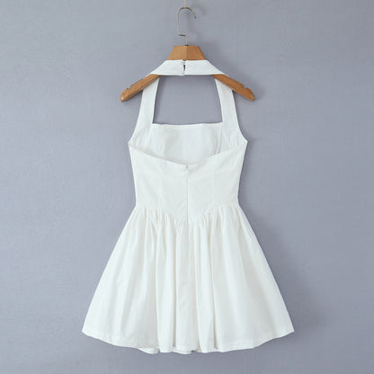 Halter Suspender Dress Stitching Ruffle Puff Short Solid Color