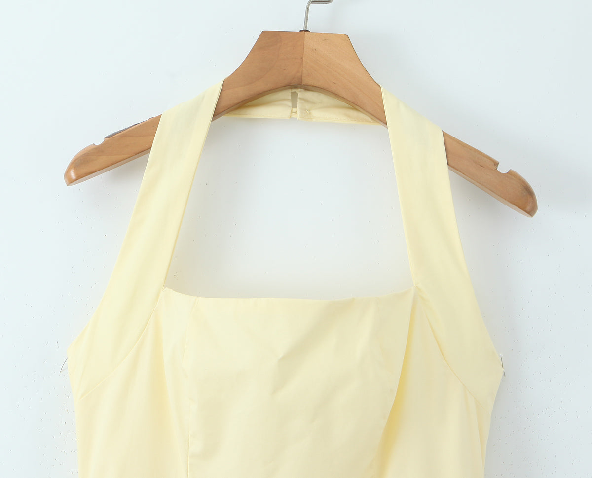 Halter Suspender Dress Stitching Ruffle Puff Short Solid Color