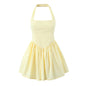 Halter Suspender Dress Stitching Ruffle Puff Short Solid Color S Yellow