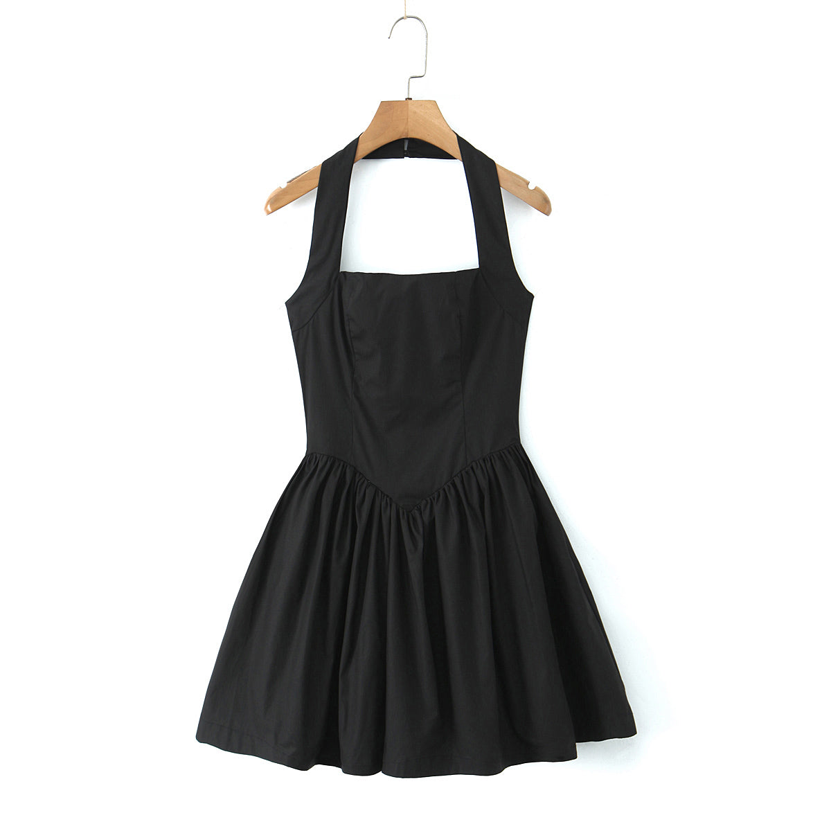 Halter Suspender Dress Stitching Ruffle Puff Short Solid Color S Black