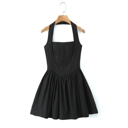 Halter Suspender Dress Stitching Ruffle Puff Short Solid Color S Black