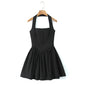 Halter Suspender Dress Stitching Ruffle Puff Short Solid Color S Black