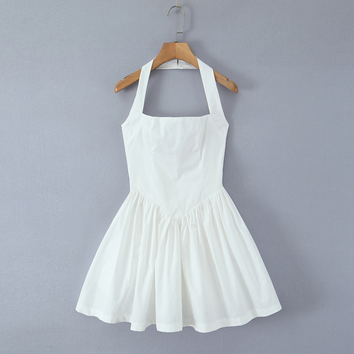 Halter Suspender Dress Stitching Ruffle Puff Short Solid Color S White