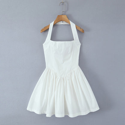 Halter Suspender Dress Stitching Ruffle Puff Short Solid Color S White