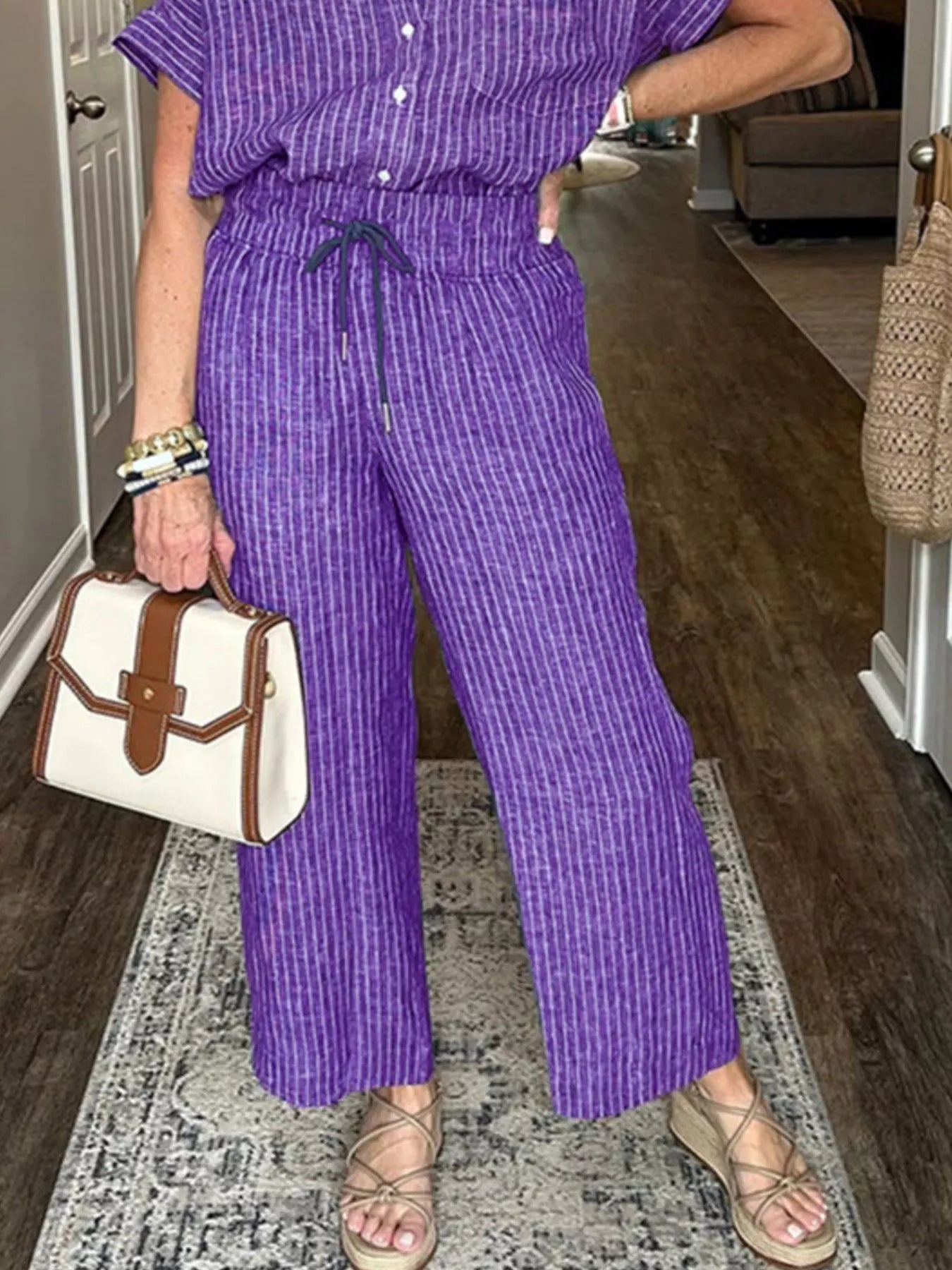 Striped Button-Up Shirt With Wide Leg Pants