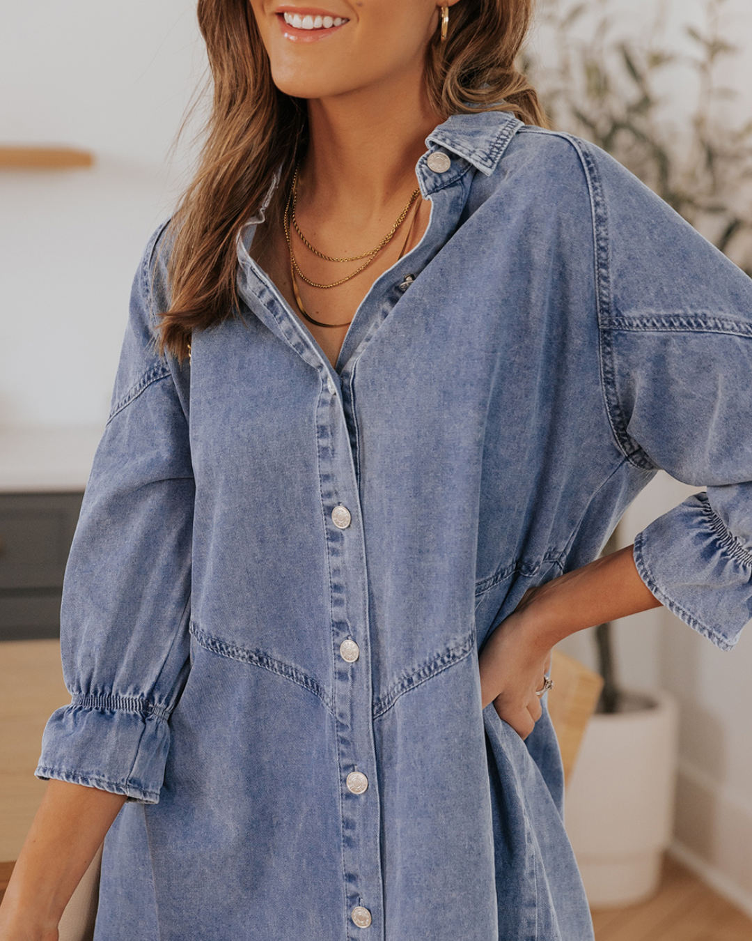 Buttoned Long Sleeve Denim Dress   