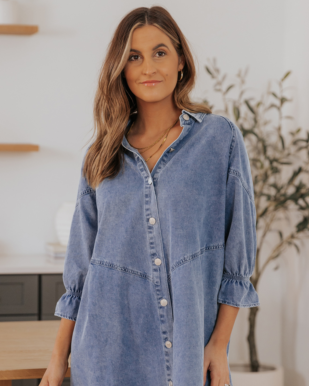 Buttoned Long Sleeve Denim Dress Sky Blue S 