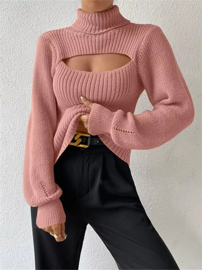 Cutout Front Turtleneck Long Sleeve Sweater